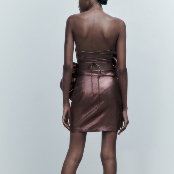 NWT Zara Voluminous Flower Rosette Bronze Brown Metallic Holiday Dress Medium - Picture 7 of 9